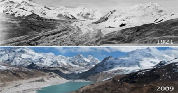 西藏卓奥友山北麓的冰川在1921年和2009年的对比图 照片/皇家地理社会