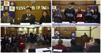 藏人行政中央司政洛桑森格、外交与新闻部秘书长达布•索南诺布（左）和夏尔林•达珍1月18日在新德里主持“感恩印度活动”新闻发布会（藏人行政中央网站）