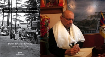 图说：这是一本向埃利亚特•史伯岭先生致敬之书，收录了31位藏学家、作家以藏文、英文、中文写的文章。于2015年2月3日，在印度达兰萨拉的阿尼玛卿西藏研究中心举行了发布仪式，并当场献给了史伯岭教授。(唯色提供)